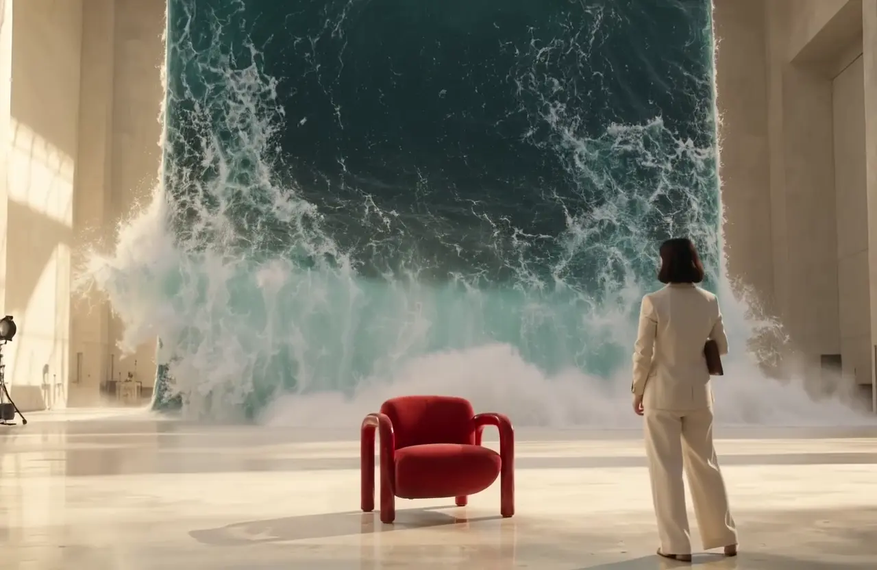 A director steps aside from the red chair as an impossible ocean curls behind it.
