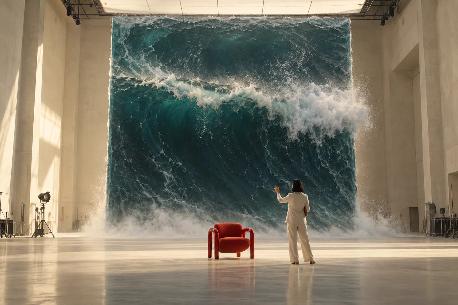 A director, a red chair, and an ocean standing upright inside a film studio.